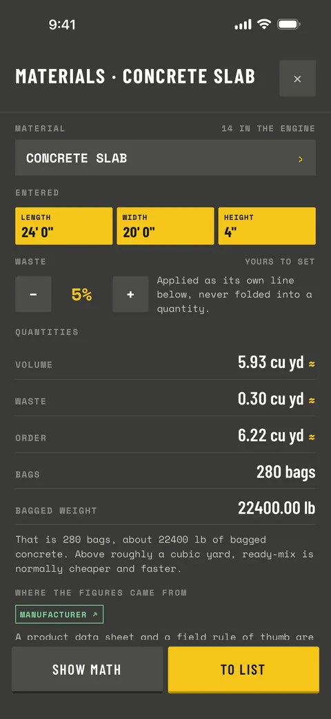 Sawline on a phone: order the material. Waste is its own line, never folded into the total.