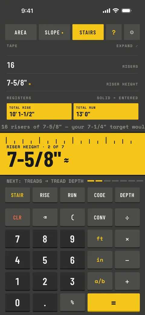 Sawline on a phone: calculate stairs. One rise in, the whole flight out, in exact fractions.